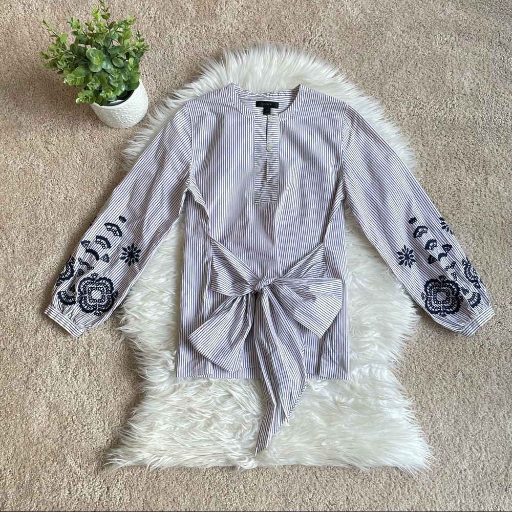 J. Crew Embroidered Front Tie Pinstripe Tunic